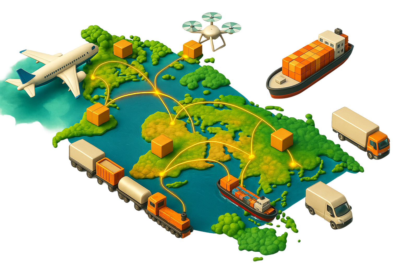 Isometric world map with global trade and logistics routes